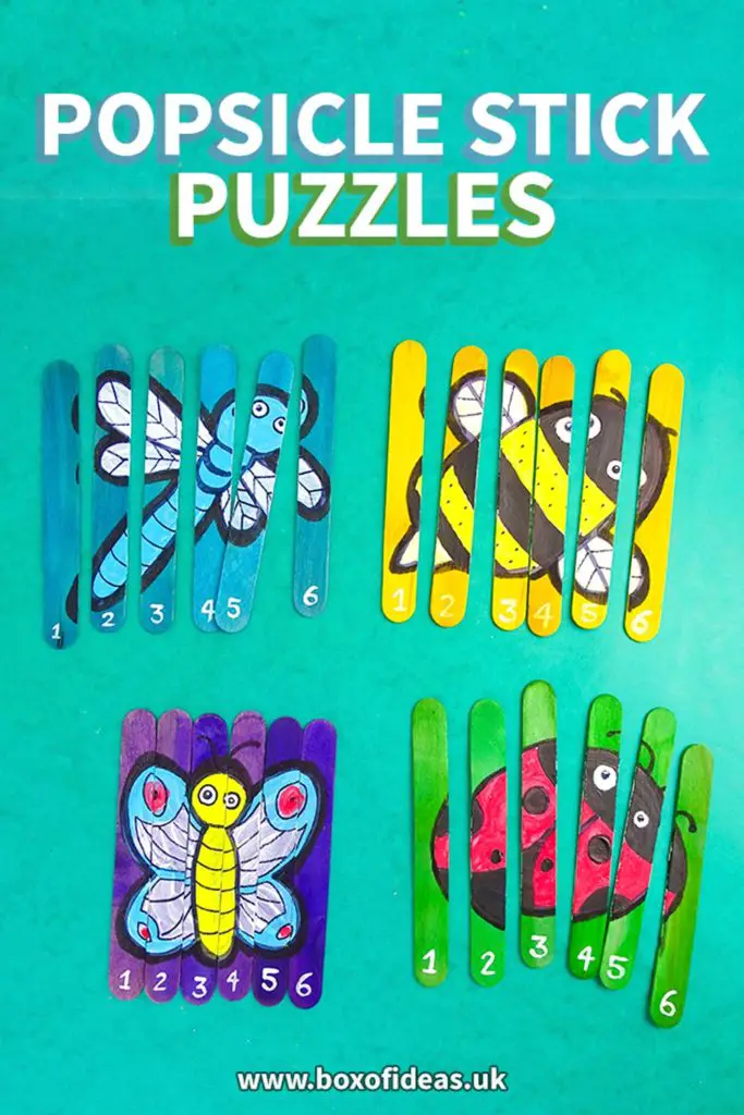 Four popsicle stick puzzles with bug designs: dragonfly, bee, butterfly and ladybug