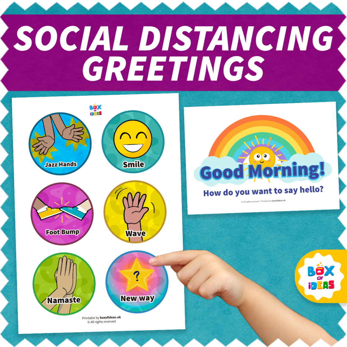 Social Distancing Greeting choices poster next to a good morning sign