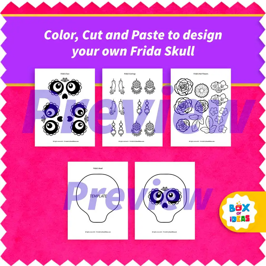 Preview pages of the Frida Kahlo sugar skull printable