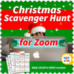 preschool kid wearing a santa hat behind a macbook laptop with text that says Christmas Zoom Scavenger Hunt