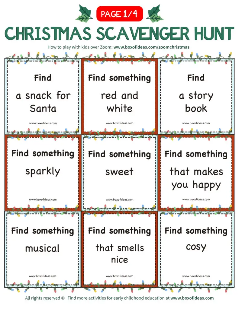 Virtual Scavenger Hunt for Kids printable with bingo-like find it cards