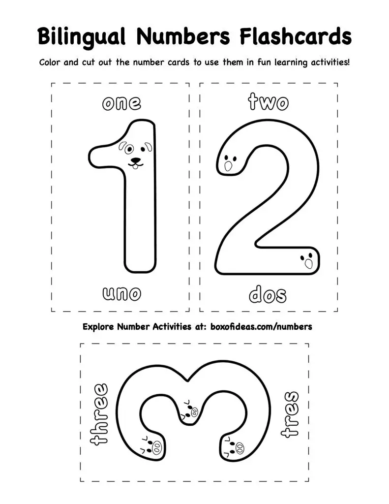 Flashcards templates for numbers 1-3 for bilingual kids