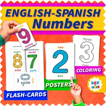 English-Spanish numbers printables flash cards, poster and coloring page